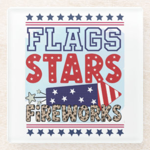 Flaggen Sterne und Feuerwerke Patriotische Unabhän Glasuntersetzer