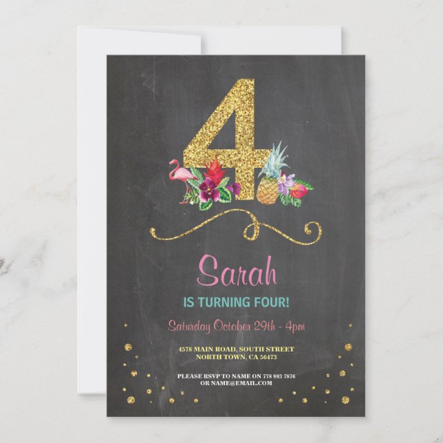 Flamant rose Aloha 4TH 4 Anniversaire Invitation (Devant)