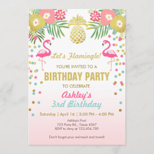 Flamant rose Anniversaire invitation de fête Tropi