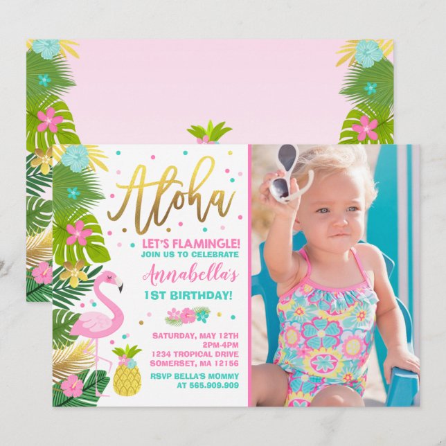 Flamant rose Anniversaire Invitation Topique Luau (Devant / Derrière)