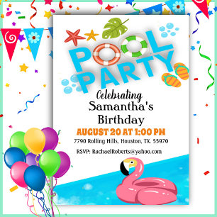 Flamant rose Anniversaire Pool Party Invitation