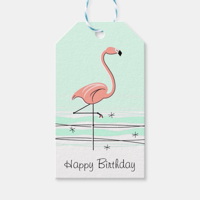 Flamant rose Aqua Happy Birthday étiquettes cadeau (Devant)