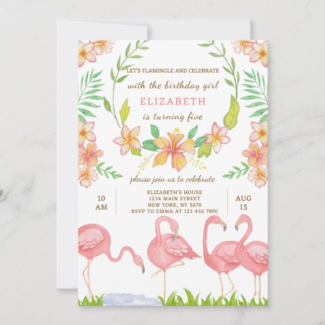 Flamant rose aquarelle Invitation d'anniversaire (Devant)