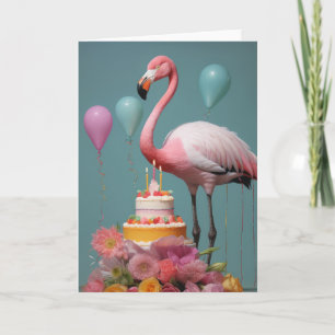 Flamant rose avec gâteau d'anniversaire - Carte