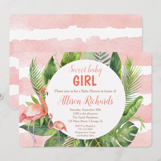Flamant rose baby shower invitation fille aquarell (Devant / Derrière)