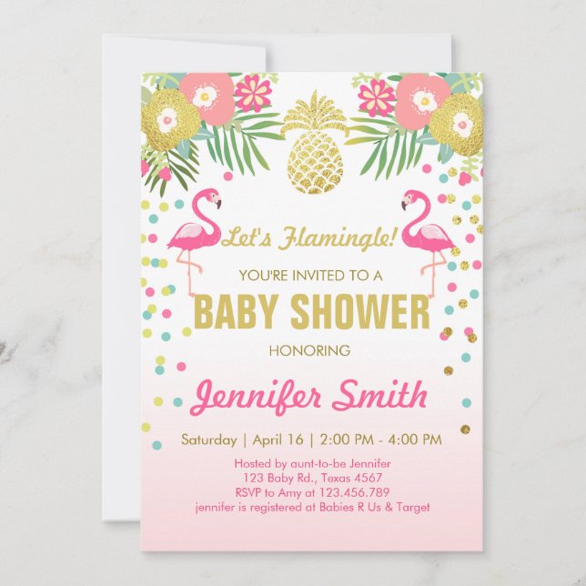 Flamant rose Baby shower invitation Tropical (Devant)
