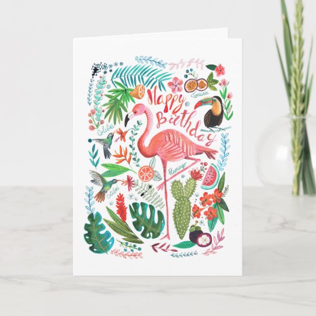Flamant rose blanc et rose moderne peint carte d'a (Devant)