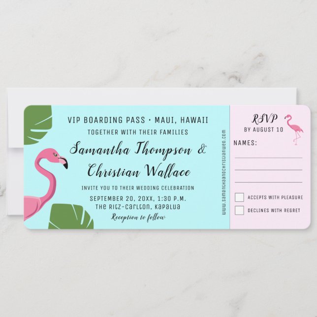 Flamant rose Carte d'embarquement RSVP Destination (Devant)