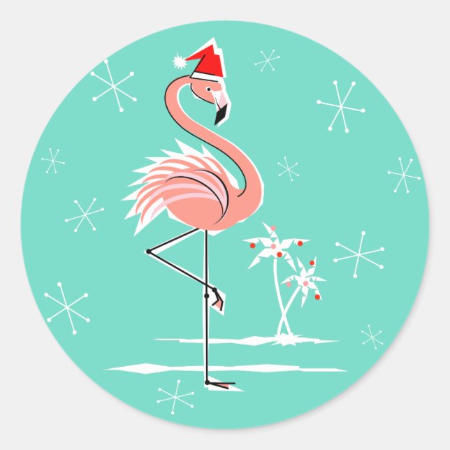 Flamant rose de Noël autocollant ronde (Devant)