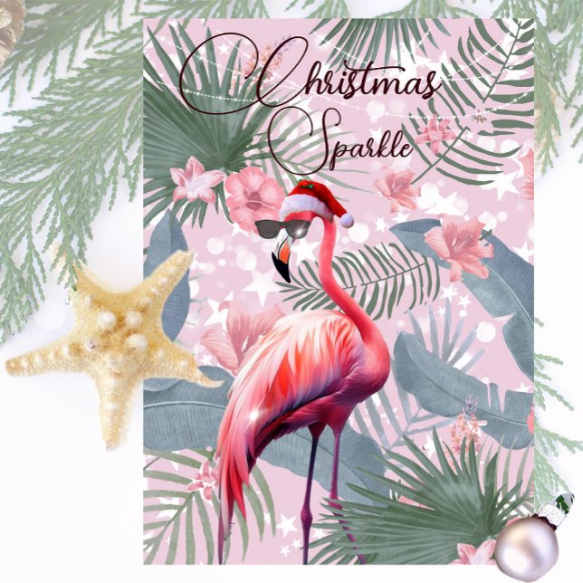 Flamant rose de Noël Lumières tropicales Carte de  (Créateur téléchargé)