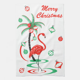Flamant rose de Noël rouge serviette de cuisine d