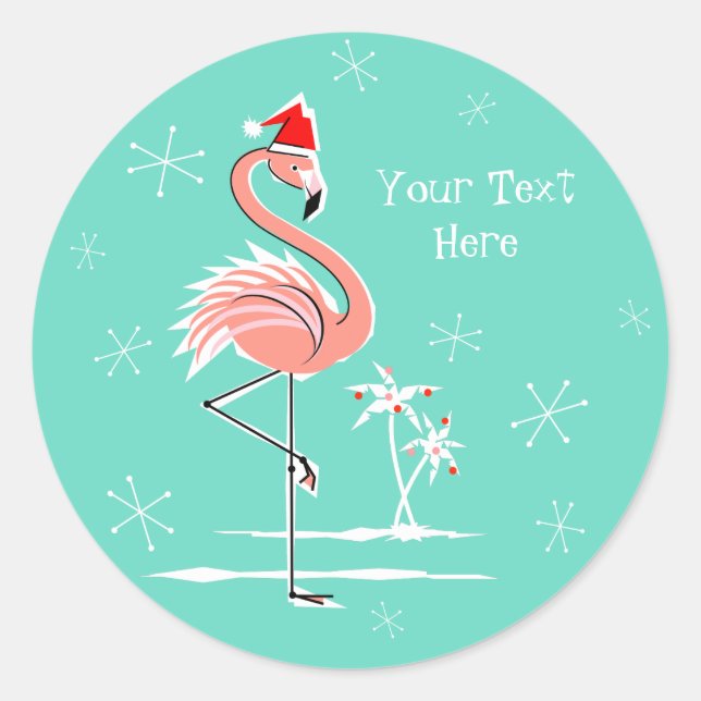 Flamant rose de Noël Texte autocollant rond (Devant)