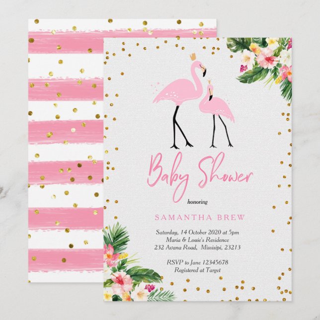Flamant rose d'été Baby shower Invitation (Devant / Derrière)