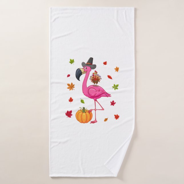 Flamant rose drôle Turquie Thanksgiving Citrouille (Serviette de bain)