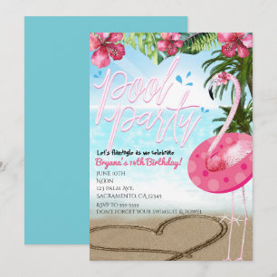 Flamant rose Été PISCINE D'Anniversaire Invitation
