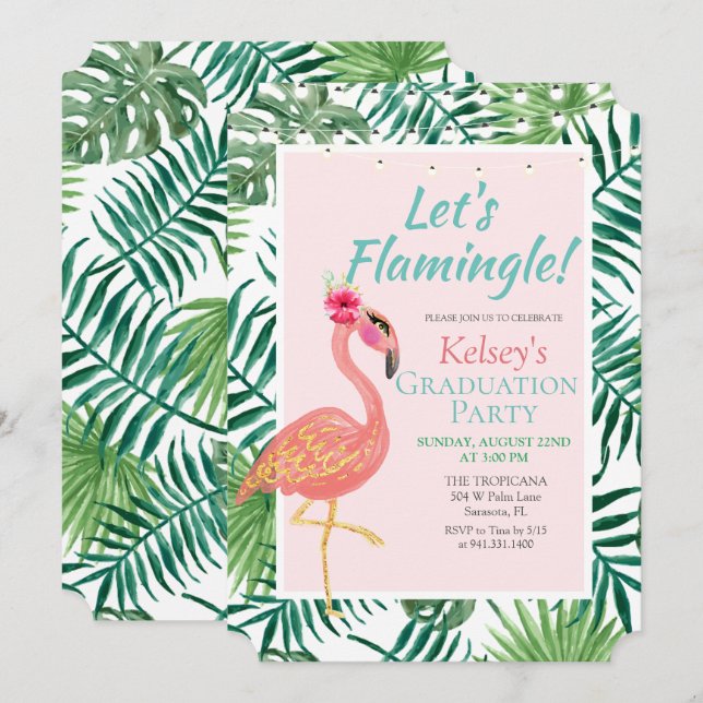 Flamant rose Flamingle Graduation Party Invitation (Devant / Derrière)