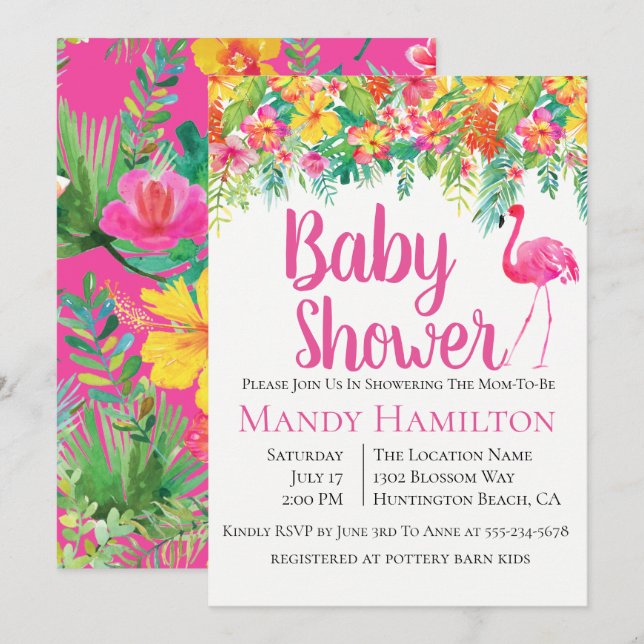 Flamant rose floral Invitation Baby shower tropica (Devant / Derrière)