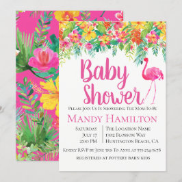 Flamant rose floral Invitation Baby shower tropica