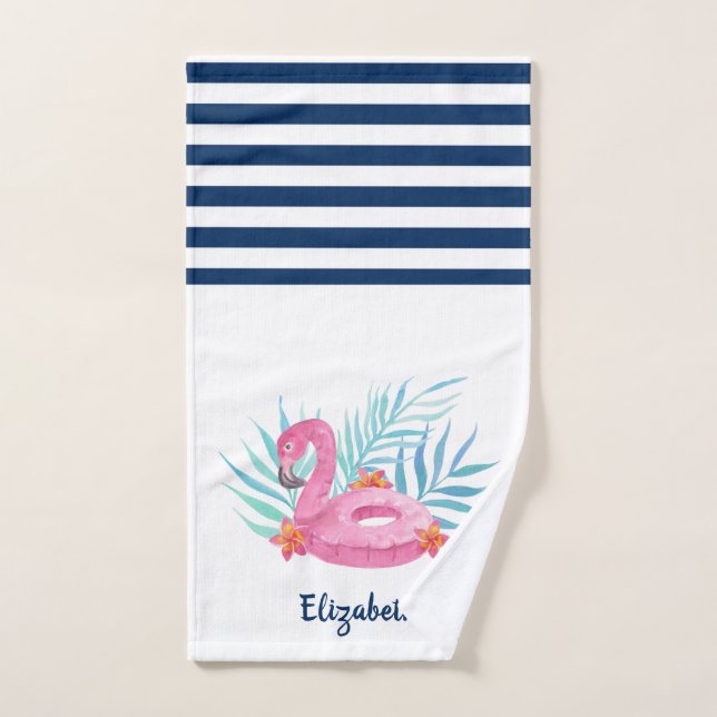 Flamant rose Flotte marine bleu blanc rayé (Serviette à main)