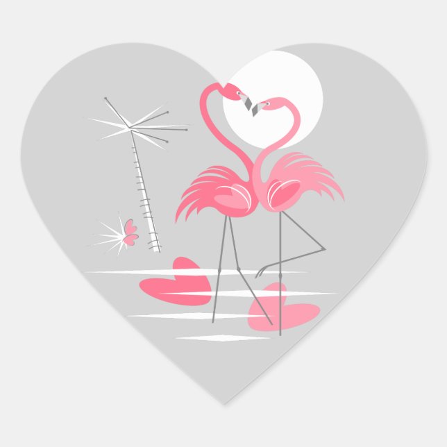 Flamant rose Love autocollant coeur (Devant)