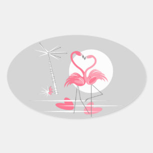 Flamant rose Love autocollant ovale