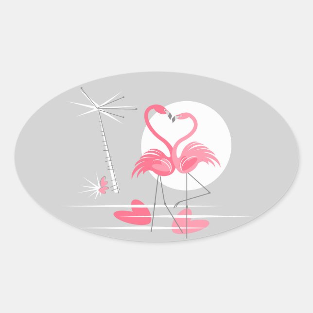 Flamant rose Love autocollant ovale (Devant)