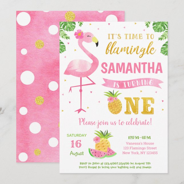 Flamant rose Luau 1er anniversaire Invitations (Devant / Derrière)
