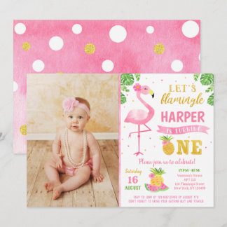 Flamant rose Luau 1er anniversaire Invitations