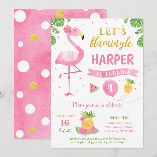 Flamant rose Luau Invitations de fête d'anniversai (Devant / Derrière)