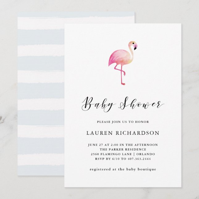 Flamant rose moderne| Invitation Baby shower (Devant / Derrière)