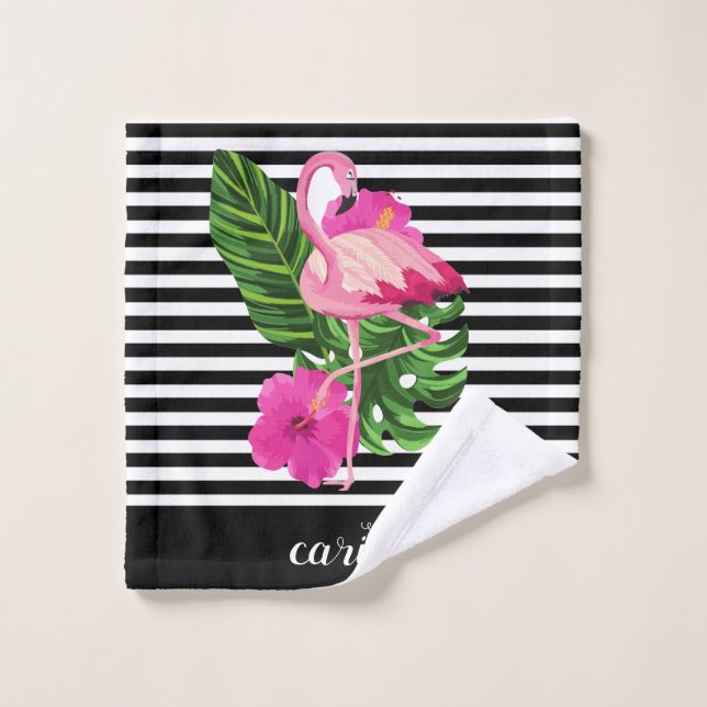 Flamant rose personnalisé linge rayé (Gant de toilette)