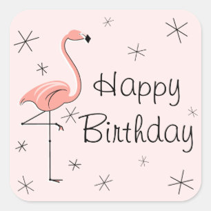 Flamant rose Pink Happy Birthday autocollant carré