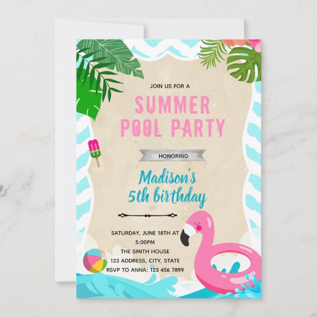 Flamant rose pool anniversaire invitation (Devant)