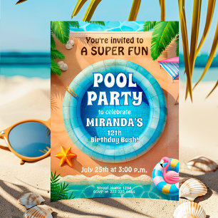 Flamant rose Pool Fête Anniversaire Invitation
