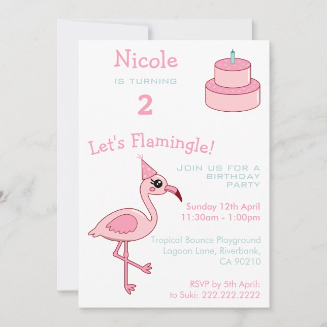 Flamant rose rose 2e anniversaire Invitation de fê (Devant)
