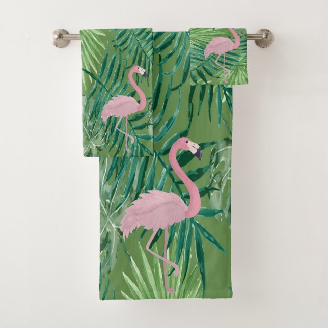 Flamant rose rose adorable, Feuilles de palmiers (En situation)