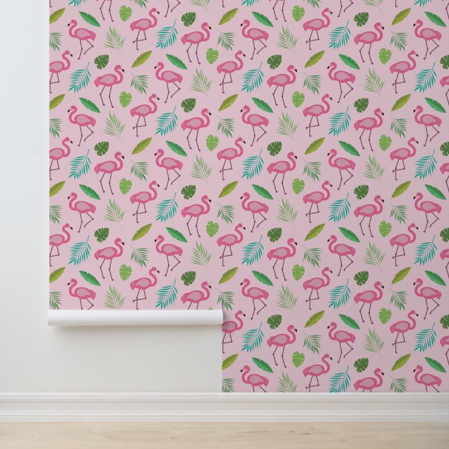 Flamant rose rose avec papier peint feuille tropic (Application)