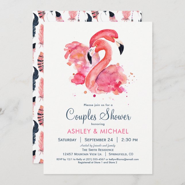 Flamant rose rose Chic Couples Douche Invitation (Devant / Derrière)