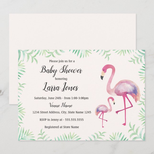 Flamant rose rose doux Invitation Baby shower fill (Devant / Derrière)