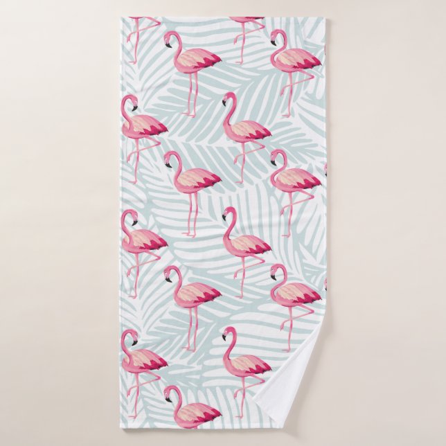 Flamant rose rose et Feuilles de palme - Cute (Serviette de bain)