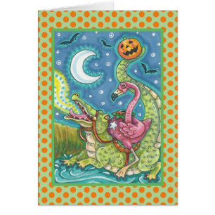 Flamant rose ROSE ET VERSE CARTE CROCODILE EN COUR