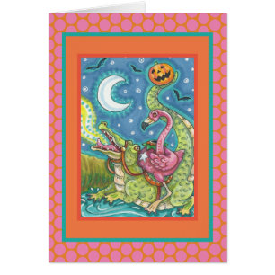 Flamant rose ROSE ET VERSE CARTE CROCODILE EN COUR