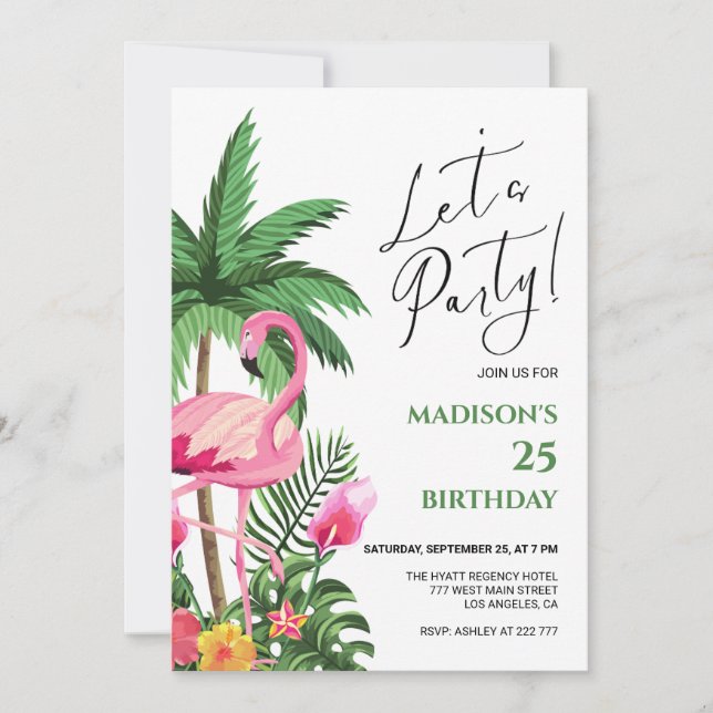 Flamant rose rose Invitation d'anniversaire (Devant)