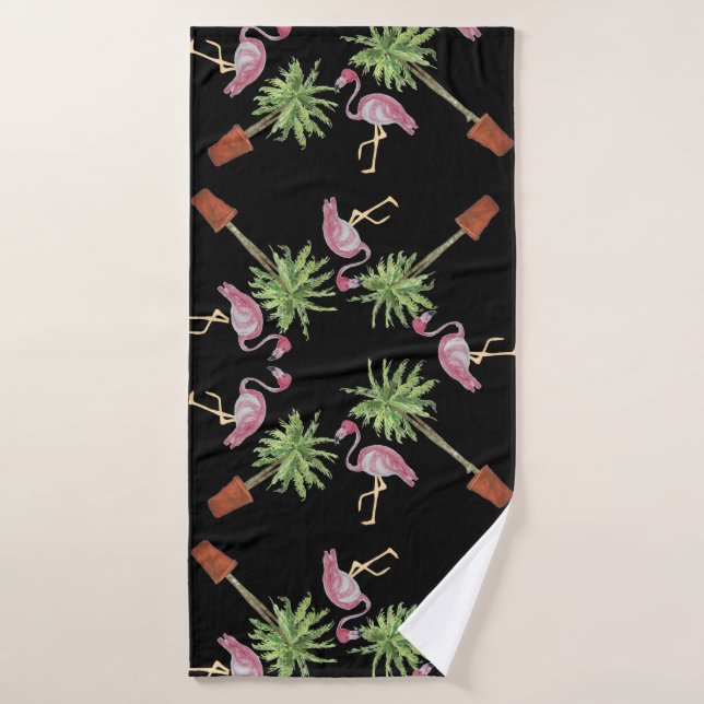 Flamant rose rose Noir Flamants roses Palm Tree Ba (Serviette de bain)