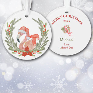 Flamant rose rose Père Noël Wreath Kids Ornement