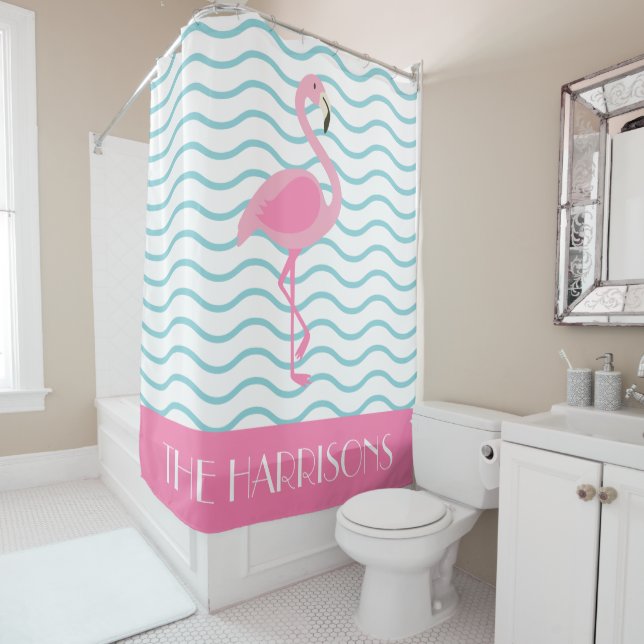 Flamant rose rose rideau de douche personnalisé (En situation)