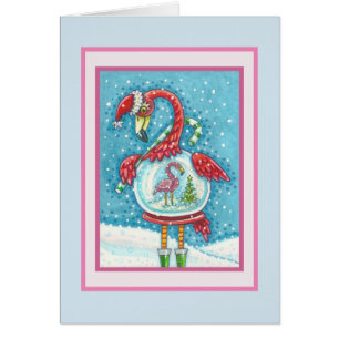Flamant rose ROSE SNOWGLOBE, NOËL CARTE DE SALUT B