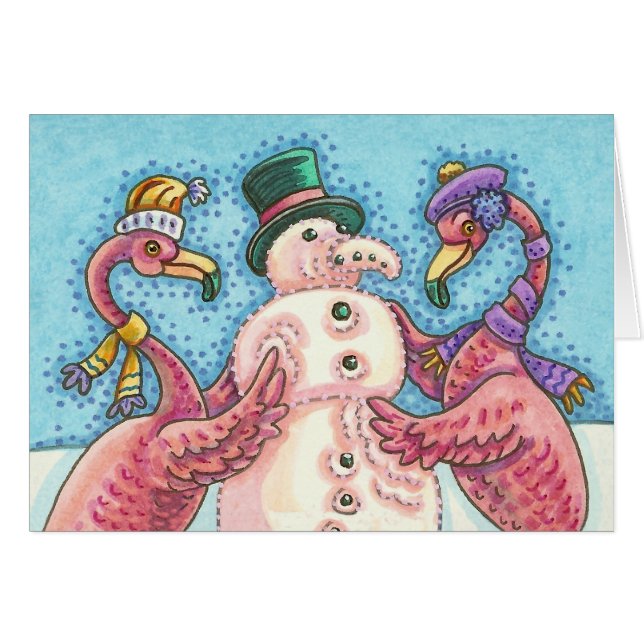 Flamant rose ROSE SNOWMAN, NOËL CARTE DE SALUT B (Devant Horizontal)