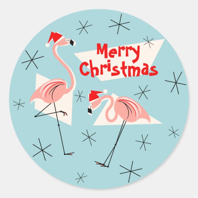 Flamant rose Santas Bleu Joyeux Noël autocollant r (Devant)