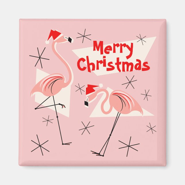 Flamant rose Santas rose joyeux carré aimant Noël (Devant)
